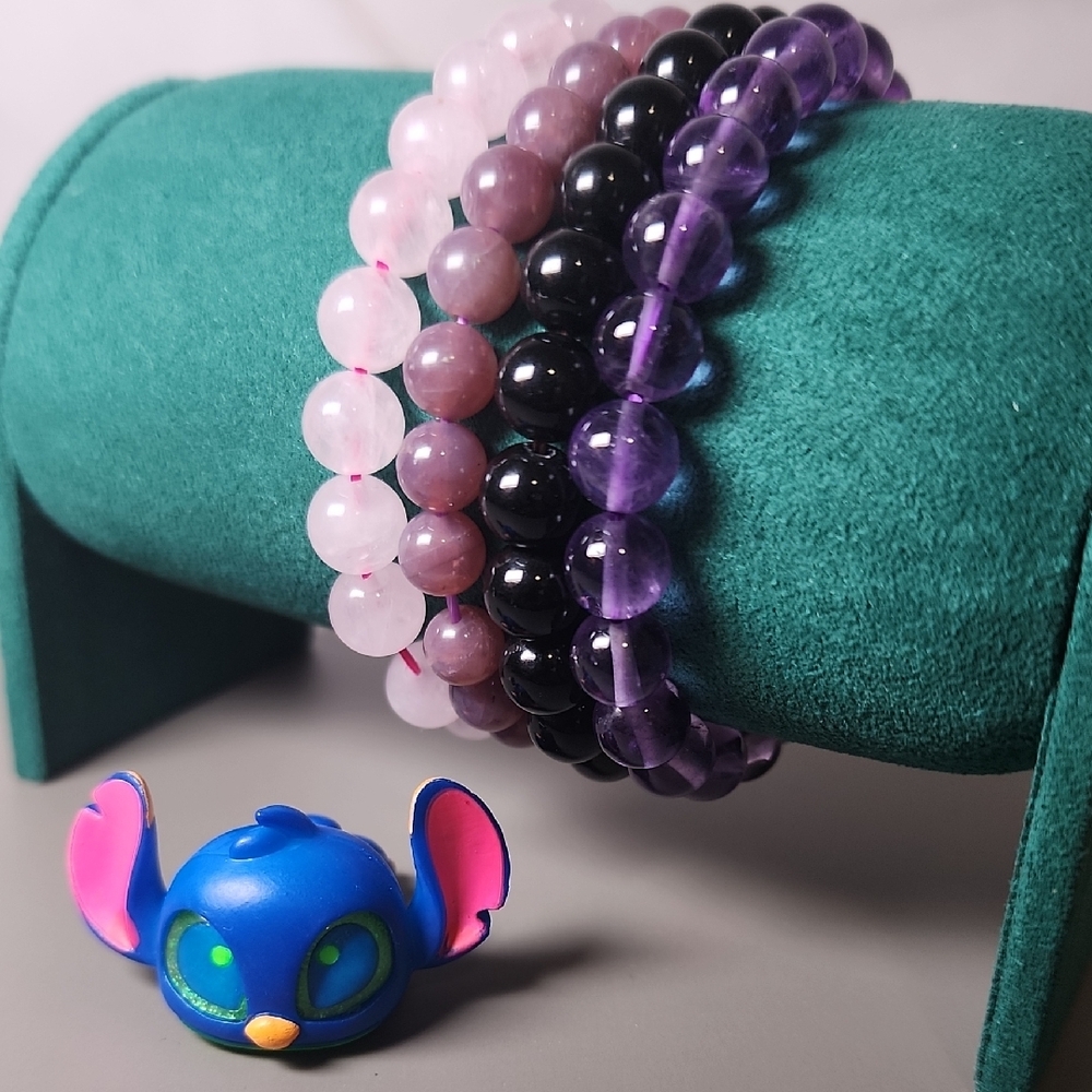 Rose Quartz, Lepidolite, Obsidian, and Amethyst Bracelets